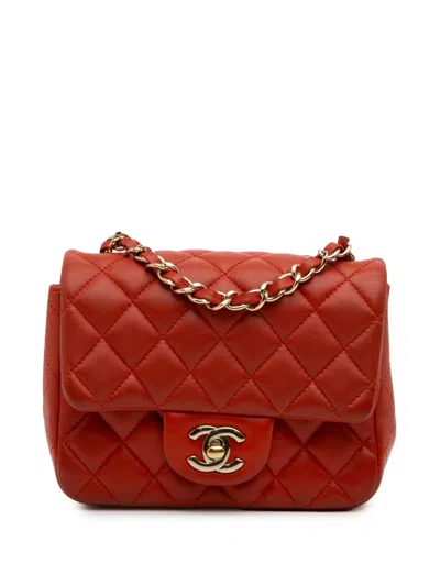Pre-owned Chanel 2017-2018 Mini Square Classic Lambskin Single Flap Crossbody Bag In Orange