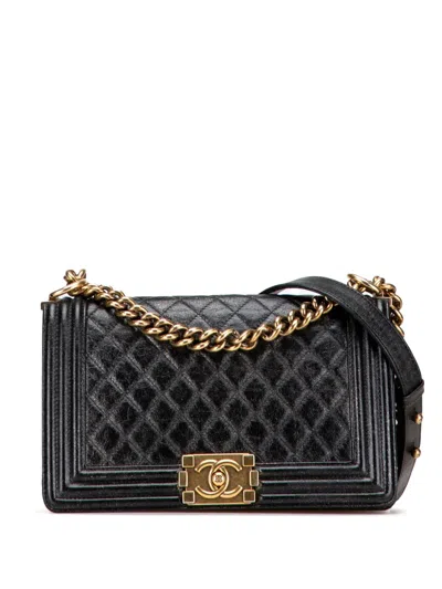 Pre-owned Chanel 2017-2018 Old Medium Cracked Metallic Calfskin Boy Flap Crossbody Bag In Black