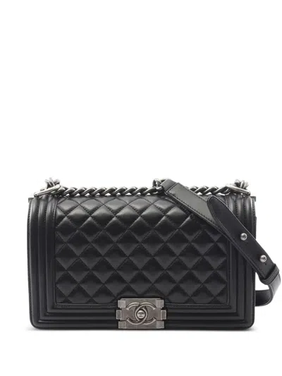 Pre-owned Chanel 2017-2018 Old Medium Quilted Lambskin Boy Flap Crossbody Bag In Black
