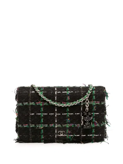 Pre-owned Chanel 2017-2018 Quilted Boucle Tweed Robot Charm Wallet On Chain Crossbody Bag In Green