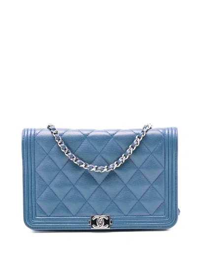 Pre-owned Chanel 2017-2018 Quilted Calfskin Boy Wallet On Chain Crossbody Bag In Blue