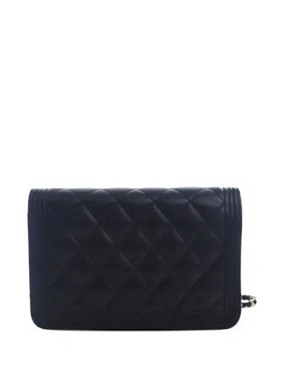 Pre-owned Chanel 2017-2018 Quilted Caviar Boy Wallet On Chain Crossbody Bag In Black