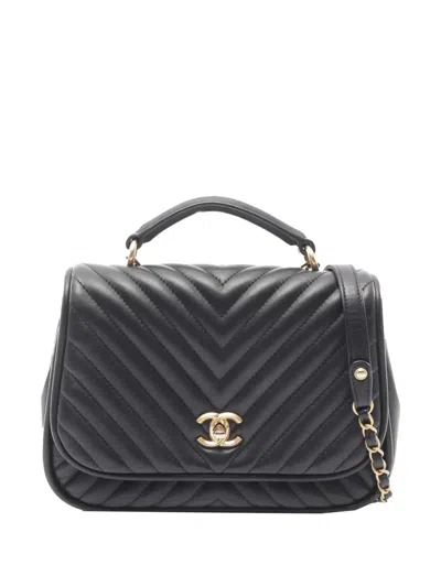 Pre-owned Chanel 2017-2018 Quilted Chevron Lambskin Top Handle Flap Satchel In Black
