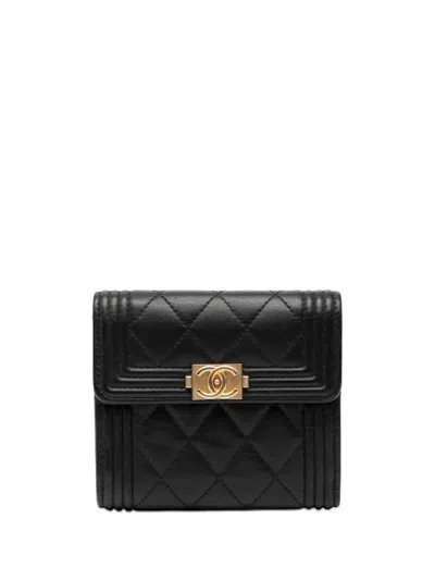 Pre-owned Chanel 2017-2018 Quilted Lambskin Boy Flap Compact Wallet Small Wallets In Black