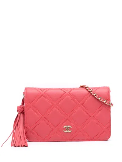 Pre-owned Chanel 2017-2018 Quilted Lambskin Double Stitch Tassel Wallet On Chain Crossbody Bag In Pink