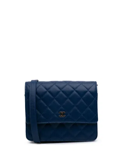 Pre-owned Chanel 2017-2018 Quilted Lambskin Square Wallet On Chain Crossbody Bag In Blue