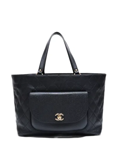 Pre-owned Chanel 2017-2018 Quilted Turn-lock Tote Bag In Black