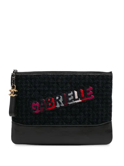 Pre-owned Chanel 2017-2018 Quilted Tweed And Calfskin Embroidered Gabrielle Clutch Bag