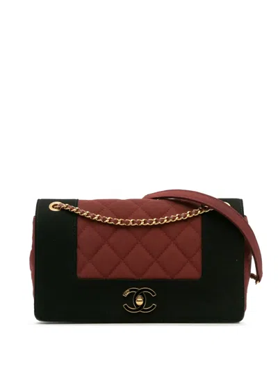 Pre-owned Chanel 2017-2018 Small Bicolor Quilted Grosgrain Satin Small Mademoiselle Double Flap Shoulder Bag In Black