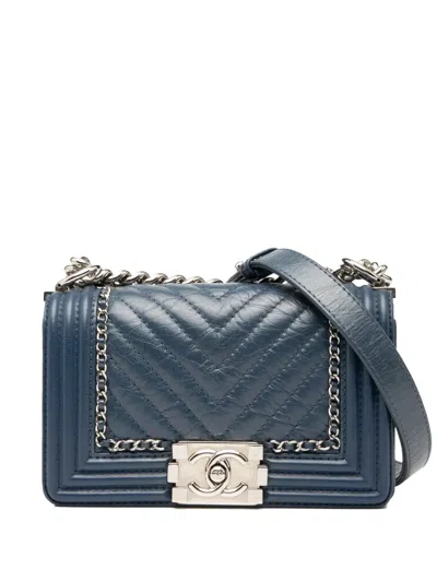 Pre-owned Chanel 2017-2018 Small Chevron Aged Calfskin Jacket Boy Flap Crossbody Bag In Blue
