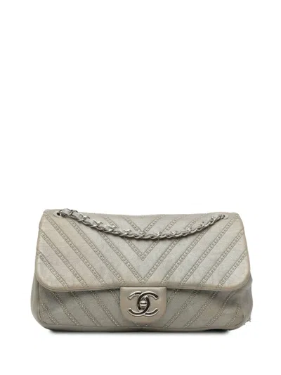 Pre-owned Chanel 2017-2018 Small Chevron Calfskin Stud Wars Flap Crossbody Bag In Silver