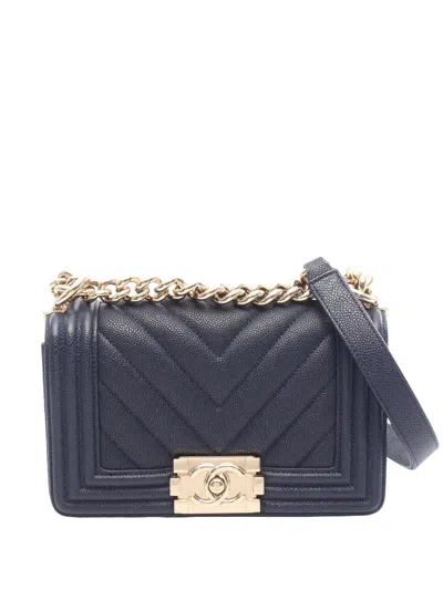 Pre-owned Chanel 2017-2018 Small Chevron Caviar Boy Flap Crossbody Bag In Blue