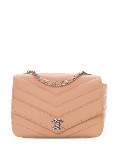 Pre-owned Chanel 2017-2018 Small Chevron Caviar Data Center Envelope Flap Crossbody Bag In Brown