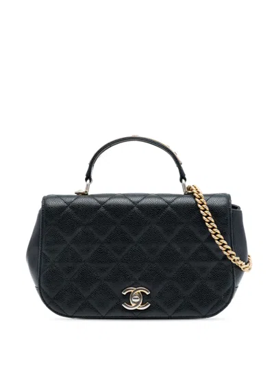 Pre-owned Chanel 2017-2018 Small Quilted Caviar Carry Around Flap Satchel In Black