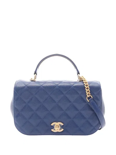 Pre-owned Chanel 2017-2018 Small Quilted Caviar Carry Around Flap Satchel In Blue