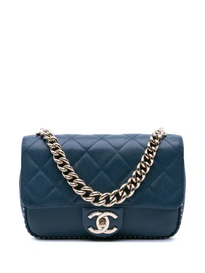 Pre-owned Chanel 2017-2018 Small Quilted Caviar Studded Chain Handle Flap Satchel In Blue