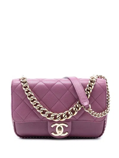 Pre-owned Chanel 2017-2018 Small Quilted Caviar Studded Chain Handle Flap Satchel In Purple