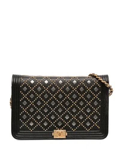Pre-owned Chanel 2017-2018 Studded Grained Calfskin Boy Wallet On Chain Crossbody Bag In Black
