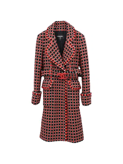 Pre-owned Chanel 2017 Belted Tweed Coat In Black