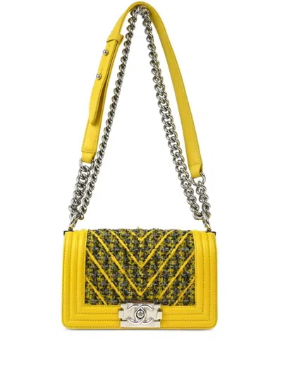 Pre-owned Chanel 2017 Boy  Tweed Small Shoulder Bag In Yellow