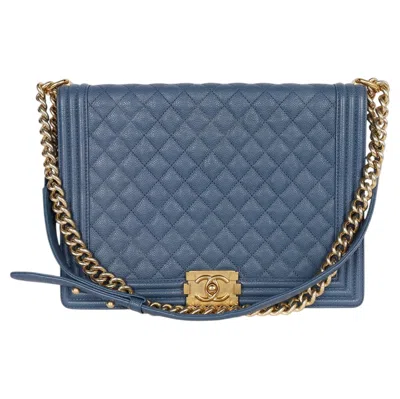 Pre-owned Chanel 2017 Caviar Quilted Large Boy Flap Blue Leather Shoulder Bag
