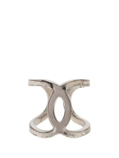 Pre-owned Chanel 2017 Cc Brass Open Cuff Ring Costume Ring In Silver