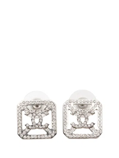Pre-owned Chanel 2017 Cc Brass Strass Square Push Back Earrings Costume Earrings In Silver