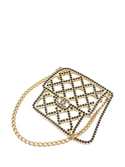 Pre-owned Chanel 2017 Cc Gold Plated Crystal Flap Bag Brooch Costume Brooch In Black