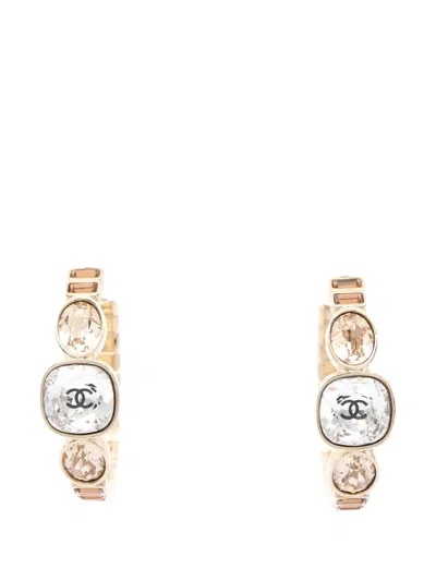 Pre-owned Chanel 2017 Cc Gold Plated Rhinestones Hoop Push Back Earrings Costume Earrings