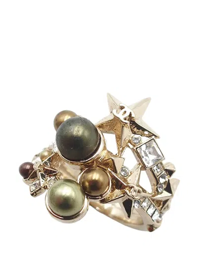 Pre-owned Chanel 2017 Cc Gold Plated Strass Star Ring Costume Ring