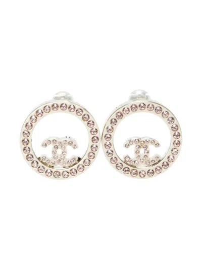Pre-owned Chanel 2017 Cc Logo Rhinestone-embellished Earrings In Gold