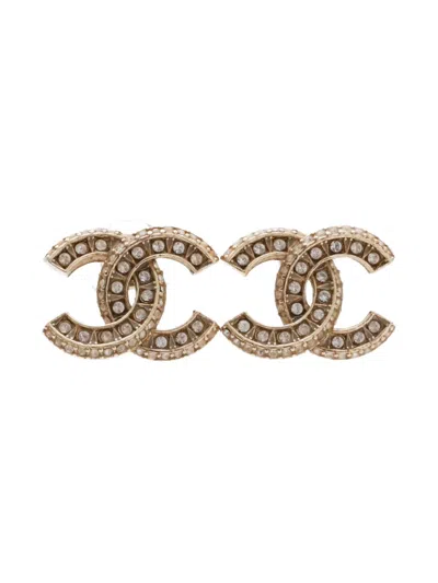 Pre-owned Chanel 2017 Cc Mark Rhinestone Earrings In Gold