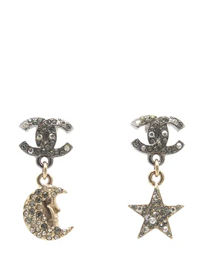 Pre-owned Chanel 2017 Cc Silver And Gold Plated Crystal Moon And Star Drop Earrings Costume Earrings
