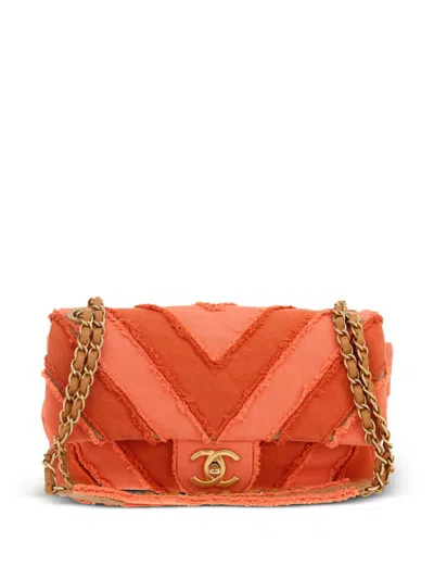 Pre-owned Chanel 2017 Chevron Patchwork Flap Shoulder Bag In Orange