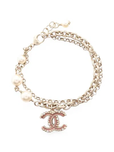 Pre-owned Chanel 2017 Coco Mark Faux-pearl Bracelet In Gold