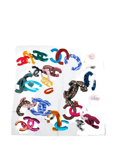 Pre-owned Chanel 2017 Coco Mark Silk Scarf In White