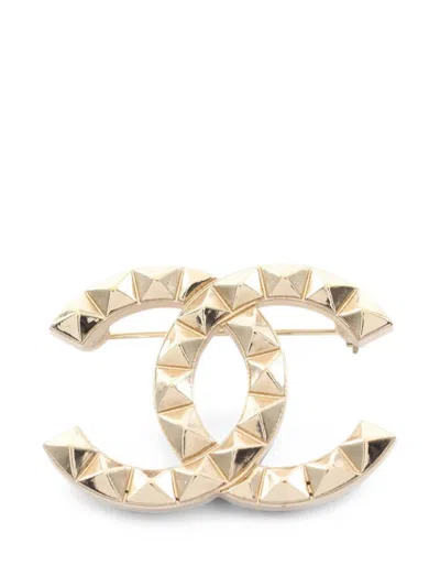Pre-owned Chanel 2017 Coco Mark Studded Brooch In Gold