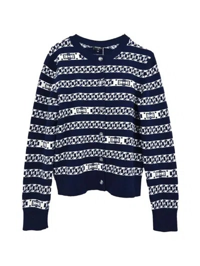 Pre-owned Chanel 2017 Geometric-patterned Cashmere Cardigan In Blue