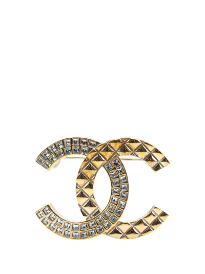 Pre-owned Chanel 2017 Gold Plated Rhinestone Cc Quilted Brooch Costume Brooch