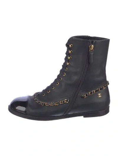Pre-owned Chanel 2017 Interlocking Cc Logo Combat Boots In Blue
