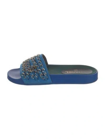 Pre-owned Chanel 2017 Interlocking Cc Logo Slides In Blue