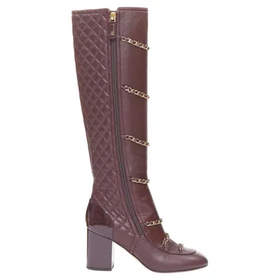 Pre-owned Chanel 2017 Karl Lagerfeld Leather Gold Chain Diamond Quilted Boots Eu36.5 In Gray