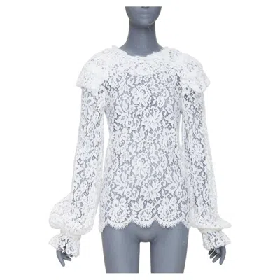 Pre-owned Chanel 2017 Paris-cosmopolite White Open Weave Lace Ruffle Shirt Blouse Fr38 M