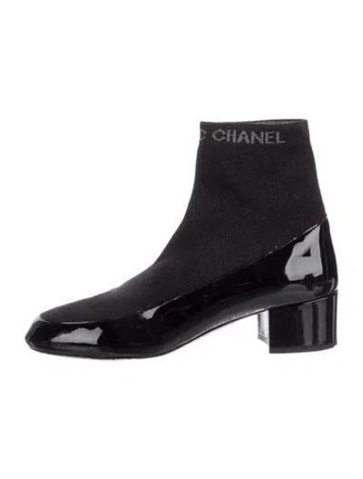 Pre-owned Chanel 2017 Patent Leather Sock Boots In Black