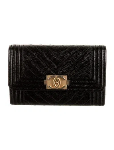Pre-owned Chanel 2017-2018 Boy Card Holder Flap Compact Wallet In Black