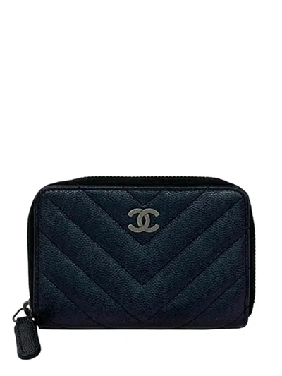 Pre-owned Chanel 2017-2018 Cc Chevron Caviar Coin Pouch In Black