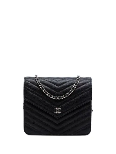 Pre-owned Chanel 2017-2018 Cc Chevron Caviar Square Wallet On Chain Crossbody Bag In Black