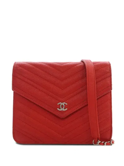 Pre-owned Chanel 2017-2018 Cc Chevron Caviar Square Wallet On Chain Crossbody Bag In Red
