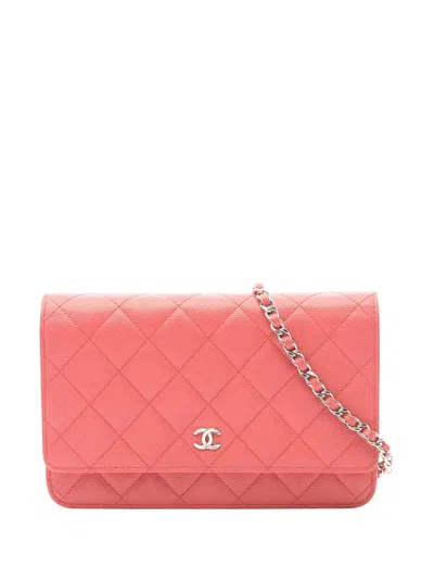 Pre-owned Chanel 2017-2018 Cc Quilted Caviar Wallet On Chain Crossbody Bag In Pink