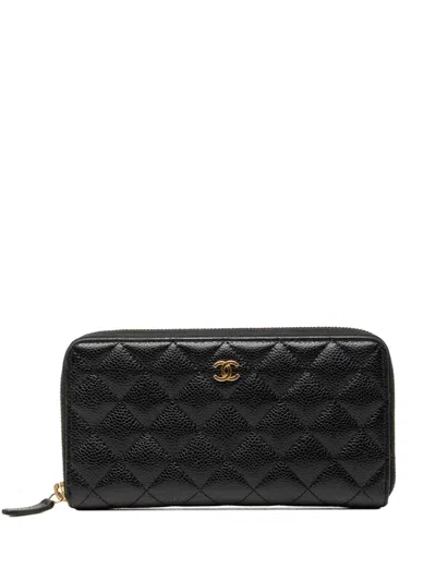 Pre-owned Chanel 2017-2018 Cc Quilted Caviar Zip Around Wallet Long Wallets In Black